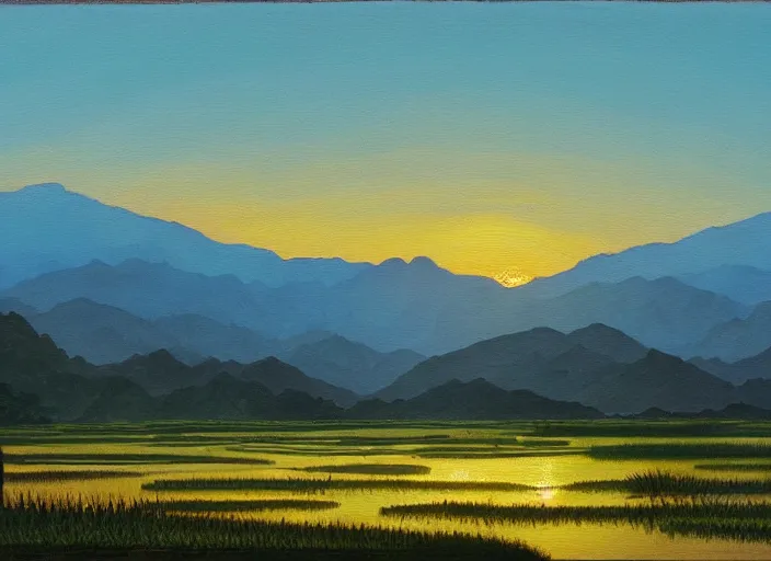 Image similar to painting of a rice paddy with two mountains in the background, a road, sun rising between the mountain