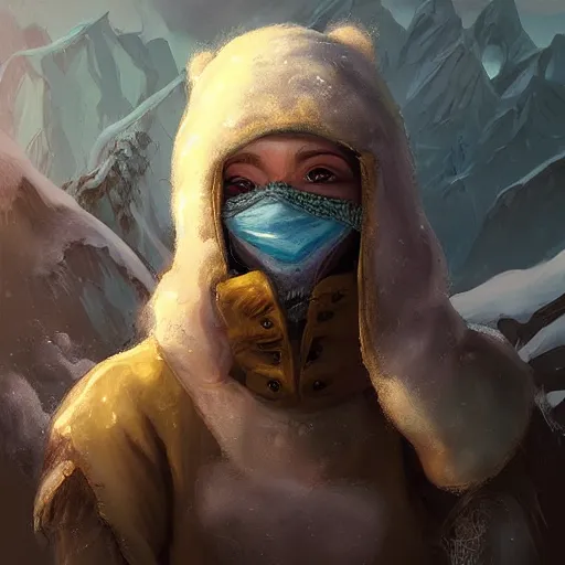 Image similar to “ fantasy, snow bandit ‘ icewind dale ’ with face mask, ice gem, ‘ icewind dale 2 ’ profile portrait by ‘ justin sweet ’, soft focus, illustrated, oil paint, artstation ”