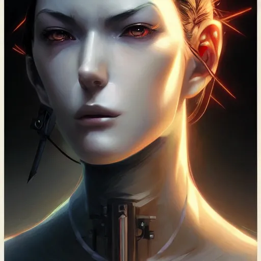 Image similar to portrait of an evil robot,art by charlie bowater, ross tran, artgerm, and makoto shinkai, detailed, inked, western comic book art, 2021 award winning painting,digital art,ultra realistic,ultra detailed,art by greg rutkowski,detailed face,photorealistic,realistic,hyperdetailed,detailed face,4k,eerie