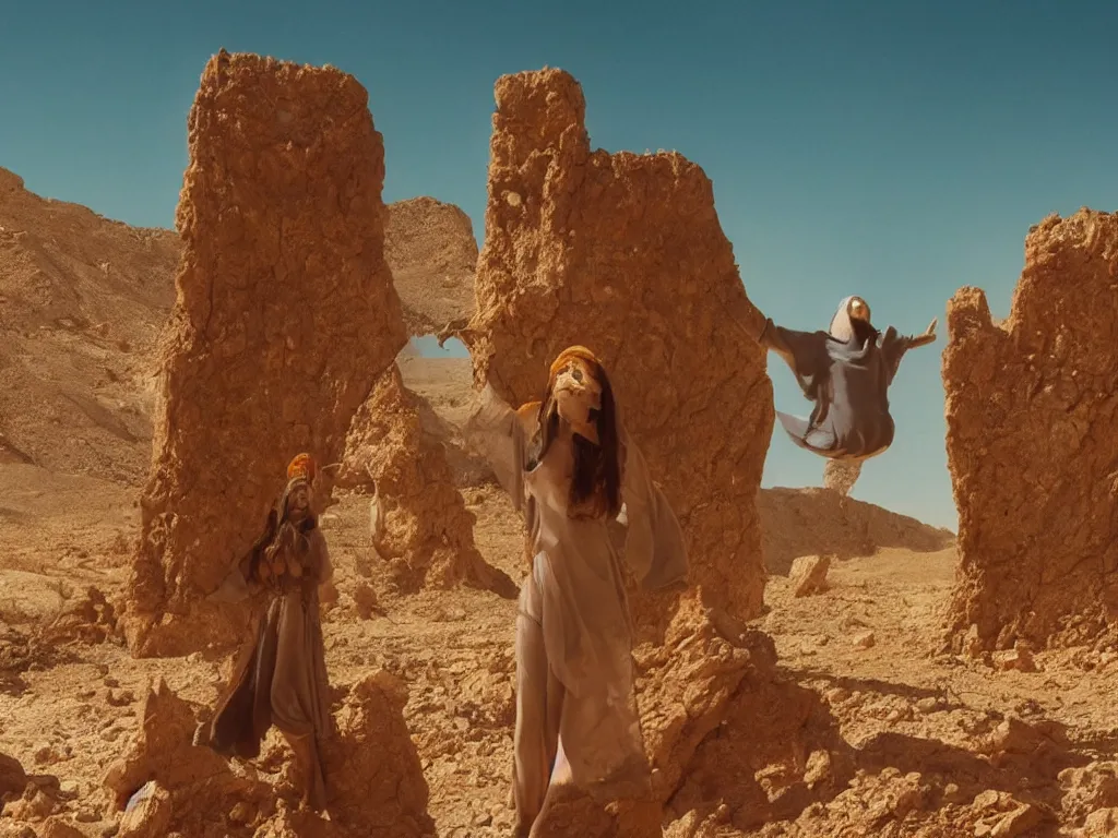 Prompt: levitating women with full - face golden mask and glowing eyes in a dry rocky desert landscape, visible sky and sunny atmosphere, fata morgana giant mirrors by alejandro jodorowsky, anamorphic lens, kodakchrome, cinematic composition, practical effects, 8 k,