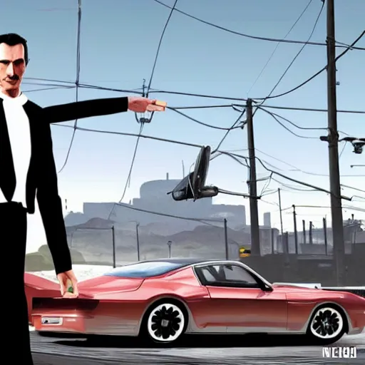 Image similar to nikola tesla in gta v cover art by steven bliss, cover art, box art, loading screen