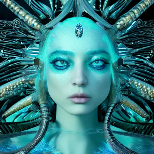 Image similar to unreal engine, octane render, 8 k, sandro botticelli portrait of egyptian sumerian goddess princess intergalactica, nautical siren, lady of elche, queen of heaven, techno mystic goddess, with aqua neon dreadlocks, teal eyebrows encrusted with diamonds, wearing iris van herpen haute couture, star - gate of futurisma,