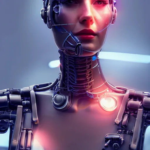 Image similar to Perfectly-Centered Half-body-Portrait of a Mechanical Cyberpunk Female Android, perfectly centered photograph, facing forward, stranding straight, intricate, elegant, super highly detailed, professional digital painting, artstation, concept art, smooth, sharp focus, no blur, no dof, extreme illustration, Unreal Engine 5, Photorealism, HD quality, 8k resolution, cinema 4d, 3D, beautiful, cinematic, art by artgerm and greg rutkowski and alphonse mucha and loish and WLOP