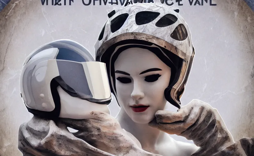 Prompt: a detailed and award winning movie poster with a white marble statue of woman wearing motorcycle helmet, closed visor, marble, statue, museum, soft lighting, night time, graphic design, typography, indoor, 8 k, detailed, beautiful