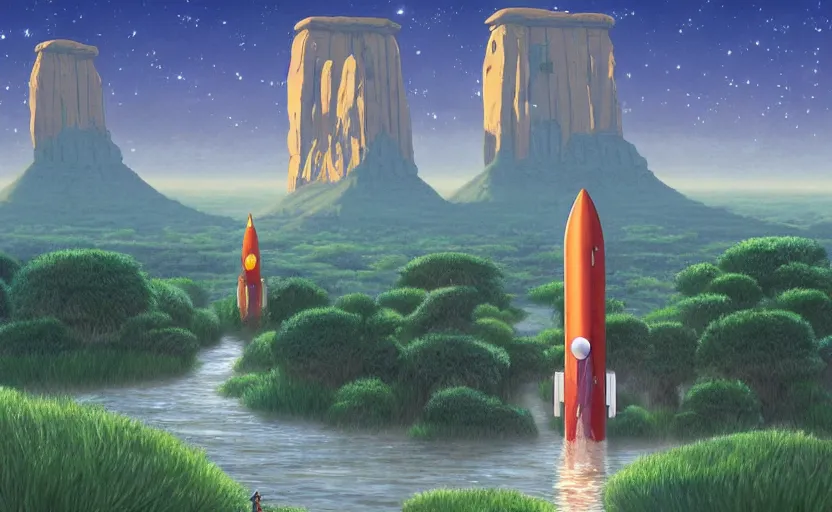 Image similar to a realistic cell - shaded studio ghibli concept art from paprika ( 2 0 0 6 ) of a cubic multi - colored rocketship from close encounters of the third kind ( 1 9 7 7 ) in a flooded monument valley stonehenge jungle jungle on a misty starry night. a camel caravan is in the foreground. very dull colors, portal, hd, 4 k, hq