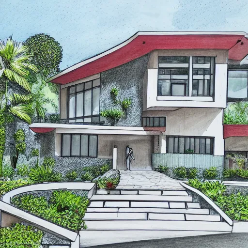 Prompt: an architectural drawing of a modern house with a courtyard, detailed, lush,
