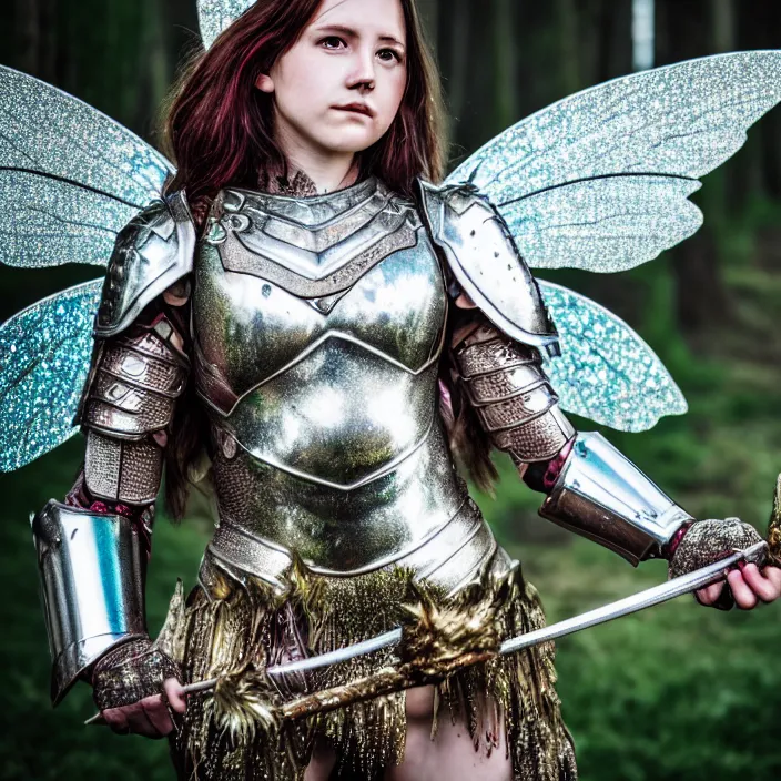 Image similar to full body photo of a fairy warrior wearing sparkly armour, highly detailed, 4 k, hdr, smooth, sharp focus, high resolution, award - winning photo