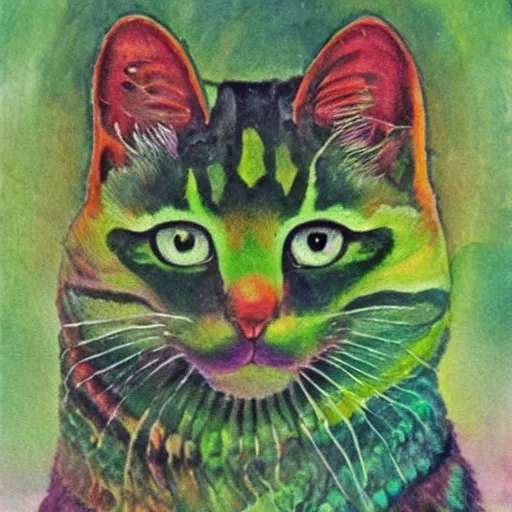 Image similar to a green cat's face, sci-fi watercolor by Louis William Wain,