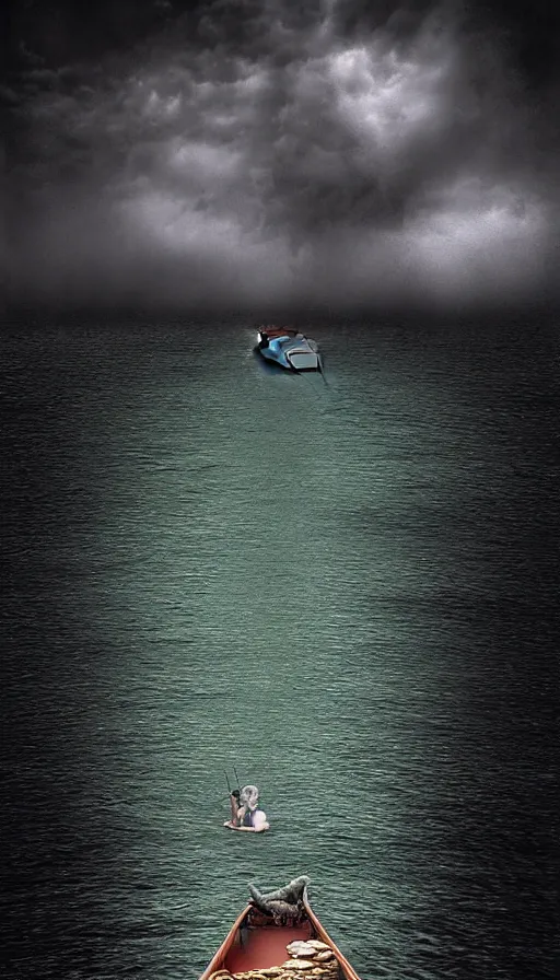 Image similar to man on boat crossing a body of water in hell with creatures in the water, sea of souls, by peter holme iii