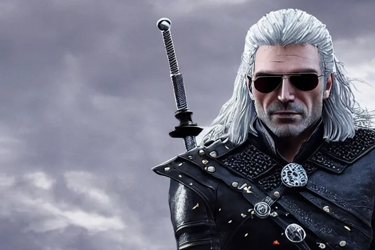 Image similar to vfx movie closeup suave handsome grinning vampire with long white hair, trench coat, dual wielding large revolvers, leaping into the air, low gravity in a shattered reality of new york city, cool aviators witcher show and game of thrones in new york by emmanuel lubezki