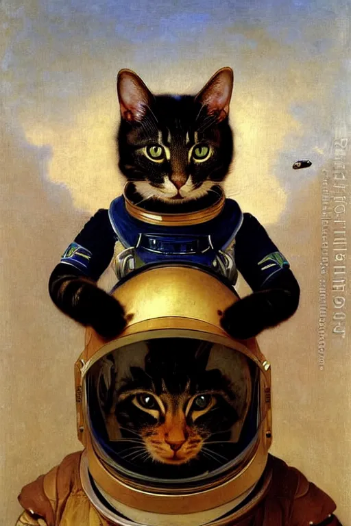 Prompt: portrait of a cat astronaut with chinese dragon armor and helmet, majestic, solemn, by bouguereau