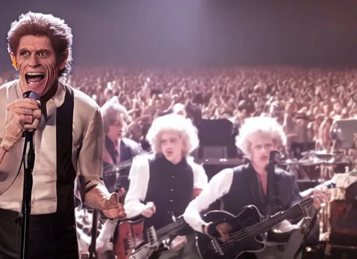Image similar to film still of Willem Dafoe singing on stage in the new QUEEN movie, 4k