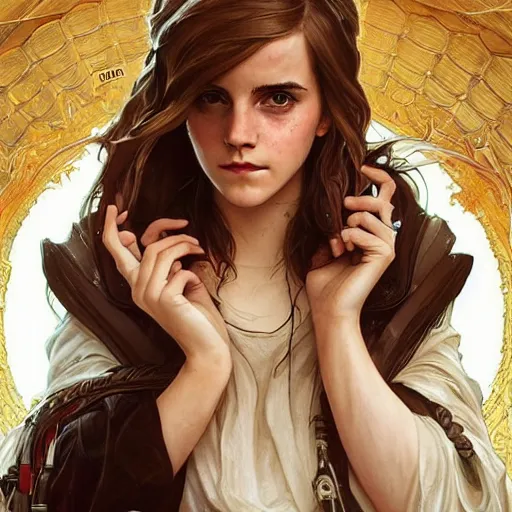 Image similar to emma watson cosplaying watson from apex legends fantasy art, hyper detailed, extremely complex, hyper realistic art by artgerm and greg rutkowski and alphonse mucha