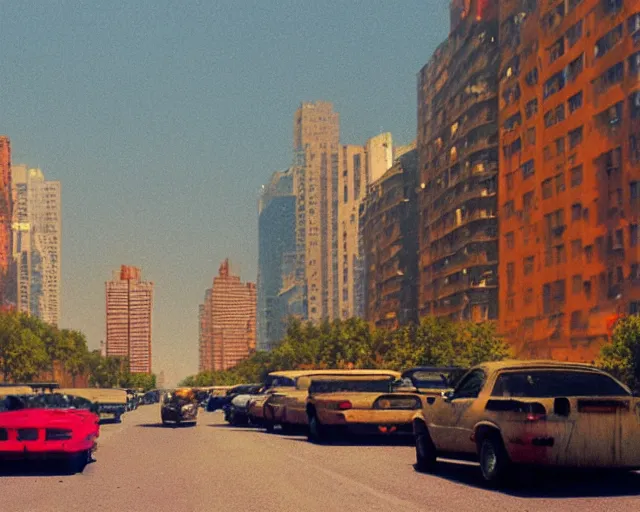 Image similar to a group of cars driving down a street next to tall buildings, a matte painting by andrey yefimovich martynov, pixiv, superflat, streetscape, anamorphic lens flare, photo taken with ektachrome