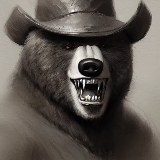 Prompt: dashing charming grinning charismatic bear beast-man, wearing captain's tricorne hat, naval background, amazing, lifelike award winning pencil illustration trending on art station artgerm Greg rutkowski cinematic