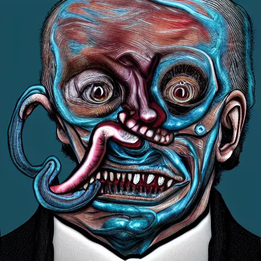 Image similar to bodyhorror portrait of biden who became an ugly retarded lovecraftian monstrosity, photo - realistic, color image, 2 k, highly detailed