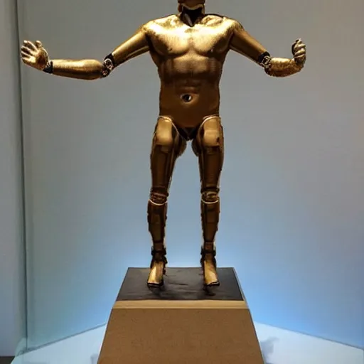 Image similar to “a realistic detailed photo of a guy who is an attractive humanoid who is half robot and half humanoid, who is a male android, college wrestler OSU Daton Fix, shiny skin, posing like a statue, blank stare, at the museum, on display”