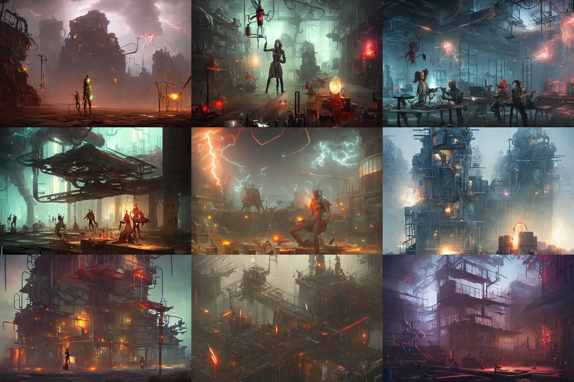 Prompt: doctor frankensteins laboratory, lightning bursts, polygonal iron steel walls, by peter mohrbacher dan mumford craig mullins nekro, cgsociety, pixiv, volumetric light, 3 d render