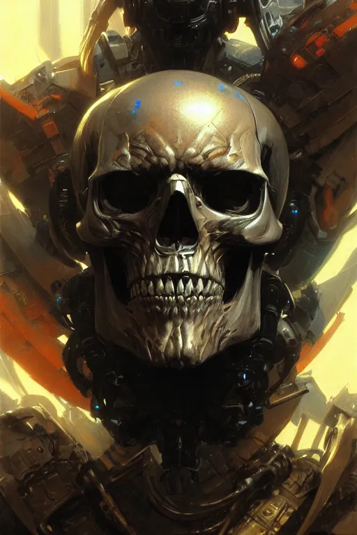 Prompt: extreme close up baron cyber skull extremely high detail portrait dnd, painting by gaston bussiere, craig mullins, greg rutkowski, yoji shinkawa