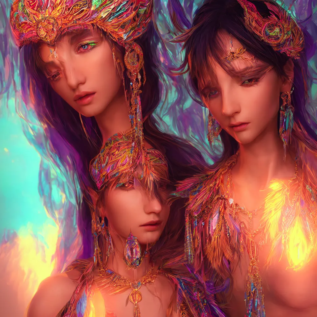 Image similar to portrait highly detailed beautiful symmetrical face high priestess intricate elegant detailed crystal jewellery with tribal feathers, lush colourful volumetric lighting, anime digital painting, concept art, smooth, sharp focus 3 d, divine realm of gods, realistic cinematic style, octane render, photographic, unreal engine 8 k