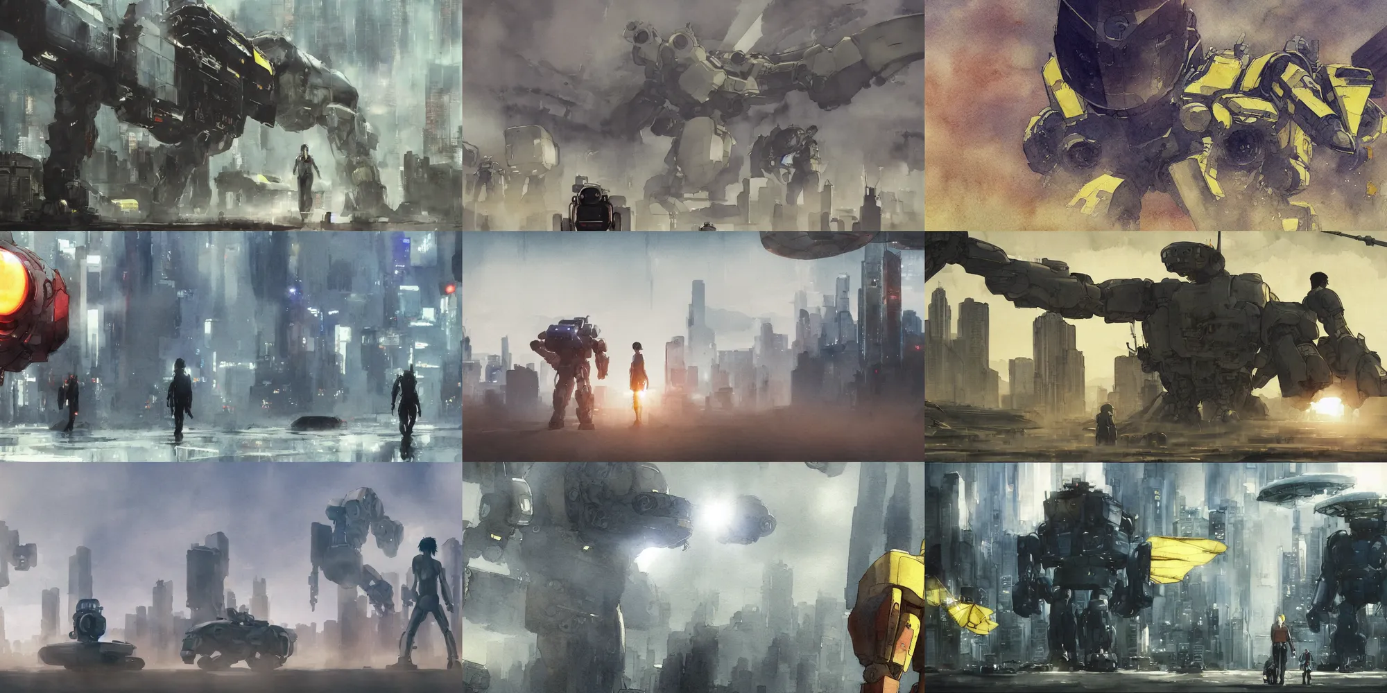 Image similar to incredible wide screenshot, ultrawide, simple watercolor, watercolor paper, rough paper texture, katsuhiro otomo ghost in the shell movie scene, backlit distant shot of a giant robot invasion side view, robots fight, mecha, geiger,robot eyes, robot head, robot shadow, robot crusher, robot stomp, panic, looking up, yellow parasol in deserted dusty shinjuku junk town, broken vending machines, bold graphic graffiti, old pawn shop, bright sun bleached ground, mud, fog, dust, windy, scary robot monster lurks in the background, ghost mask, teeth, animatronic, black smoke, pale beige sky, junk tv, texture, shell, brown mud, dust, tangled overhead wires, telephone pole, dusty, dry, pencil marks, genius party,shinjuku, koju morimoto, katsuya terada, masamune shirow, tatsuyuki tanaka hd, 4k, remaster, dynamic camera angle, deep 3 point perspective, fish eye, dynamic scene