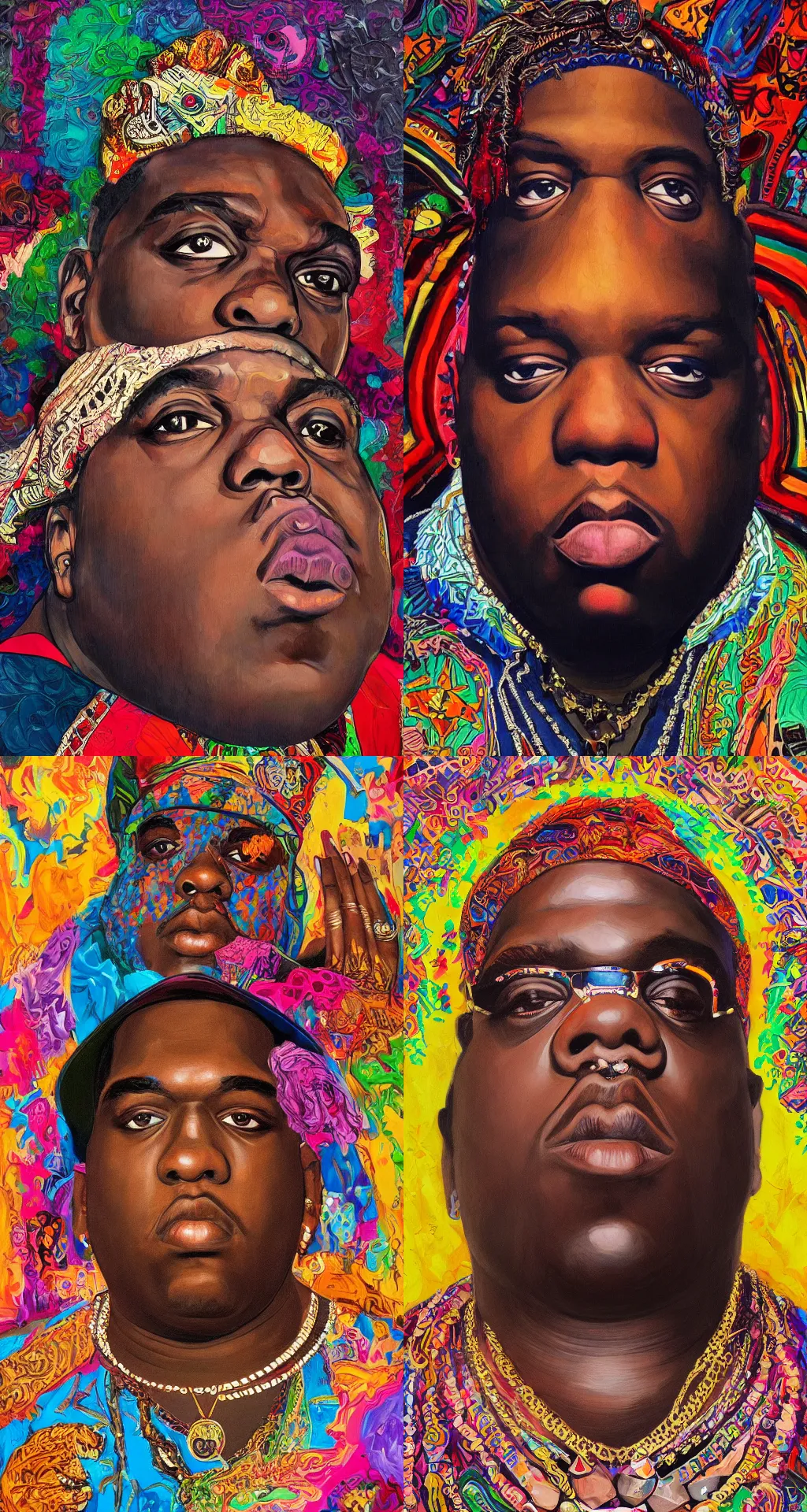 Prompt: a portrait of biggie smalls wearing boho chic, full body, painting, masterpiece, hyperdetailed, complex, intricate, 4 k, trending on artstation