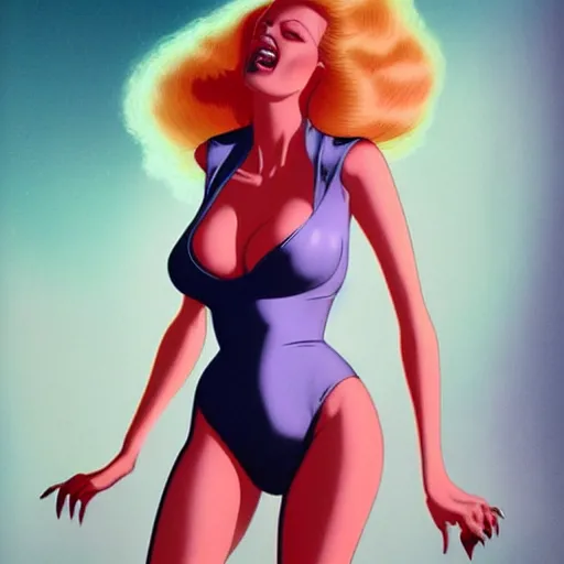 Image similar to kim basinger as holli from the movie cool world, fullbody, early 1 9 9 0's cartoon, ultra high detailed, glowing lights, illustration, greg rutkowski, ralph bakshi, hyperrealistic, dynamic lighting, fantasy art, beautiful face
