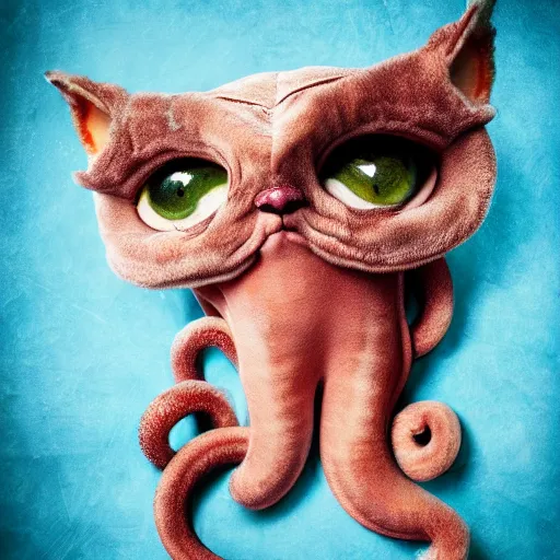 Prompt: kitten octopus feline squid tentacle fur fangs, portrait photography, single subject, faded background, adorable kawaii big eye cute cuddly, photorealism in the style of National Geographic