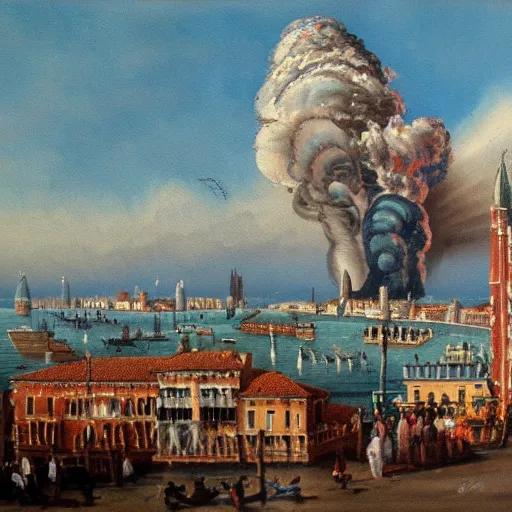 Image similar to a 1 8 th painting of a nuclear explosion in venice