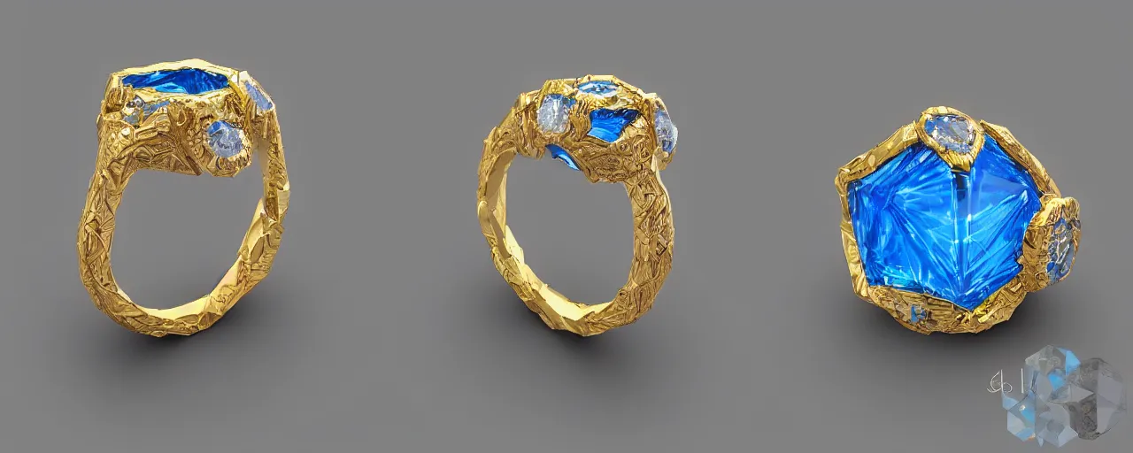 Prompt: simple golden magic crystal ring, ice, blue, gold, smooth, crystal, engravings, diamonds, product design, jewelry, colorful, art by gerald brom, greg rutkowski and artgerm, photo realism, unreal engine, c 4 d