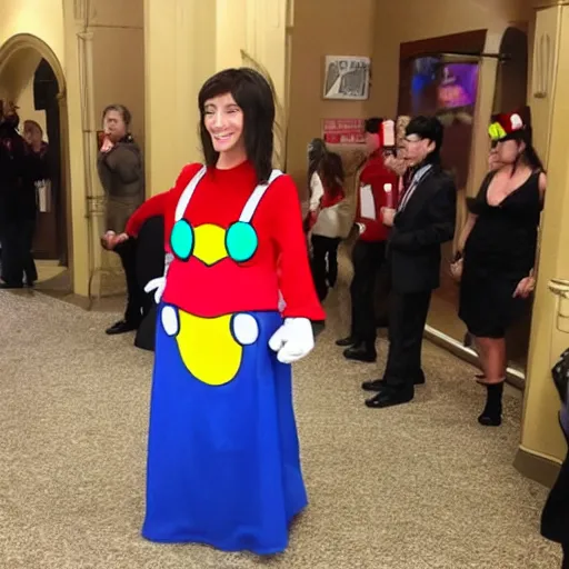 Prompt: a woman cosplaying nintendo mario in an opera gown