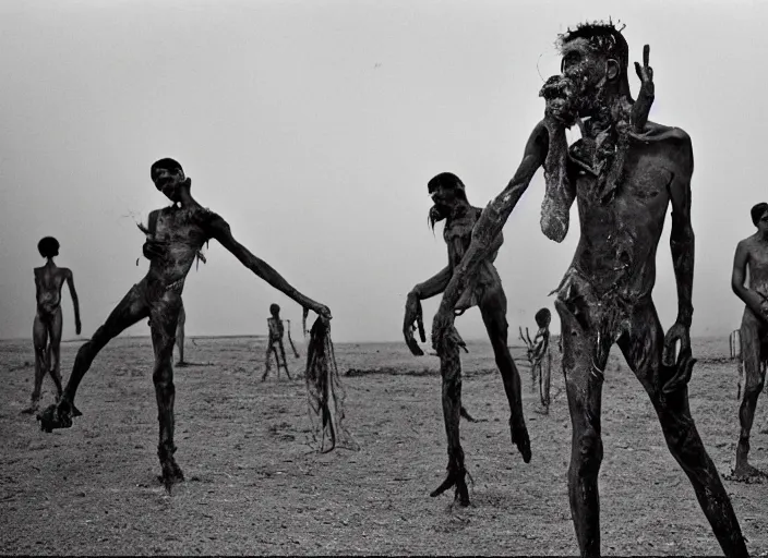 Image similar to 3 5 mm still from film by roger ballen, surreal dance scene of ritual in a picturesque outdoors setting, ashes, new guinea mud man, smoke, close - up of the actors faces, sharp, medium format 6 x 6, 1 6 k