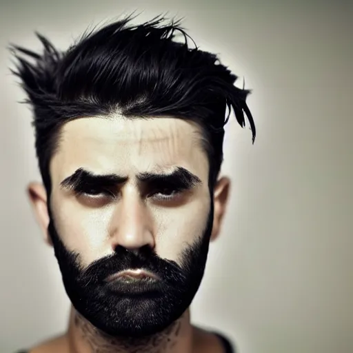 Prompt: bust portrait of handsome proud man with short black hair with grey hair, very short full beard warrior, cyberpunk, fashion editorial photography, neon color scheme, waist up, low angle