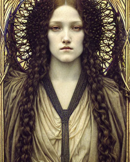 Image similar to detailed realistic beautiful young medieval queen face portrait by jean delville, gustave dore and marco mazzoni, art nouveau, symbolist, visionary, gothic, pre - raphaelite. horizontal symmetry