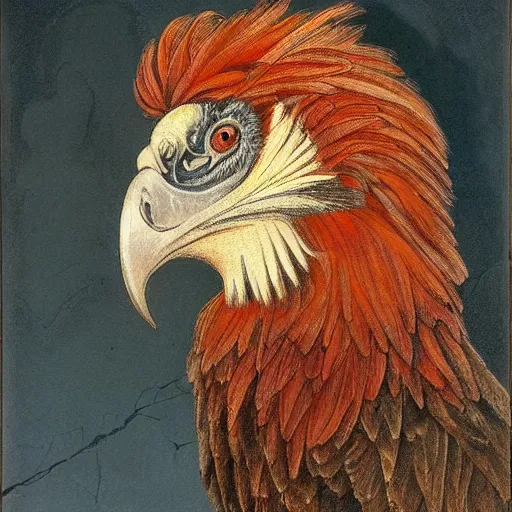 Image similar to a side portrait of a red bearded vulture, award winning, in the style of roberto ferri, Arnold bocklin, and austin osman spare, a fantasy gryphon, highly detailed