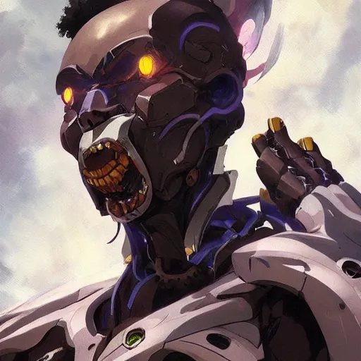 Image similar to black male cyborg profile body modifications hd greg rutkowski jojo's bizarre anime art hirohiko araki
