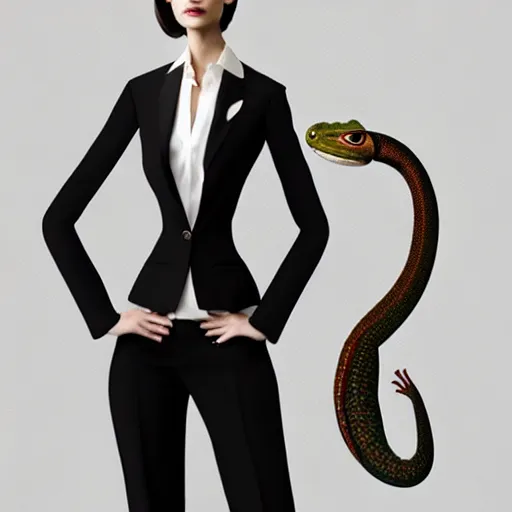 Image similar to fullbody!! personification of a gecko as a business woman wearing a suit, stunning, beautiful face, hyperrealistic, trending on artstation, smooth and sharp, intricate, fine details, highly detailed, elegant, dynamic pose, radiant light, detailed and intricate environment, professional character concept art by tatyana kupriyanova and greg rutkowski and raymond swanland