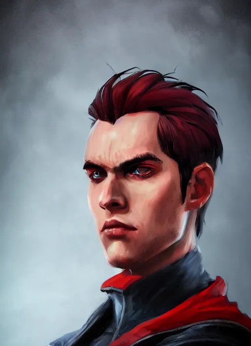 Image similar to An epic fantasy comic book style portrait painting of a young man with black cowlick haircut, wearing black overcoat, red clothes, blue jeans. Unreal 5, DAZ, hyperrealistic, octane render, cosplay, RPG portrait, dynamic lighting