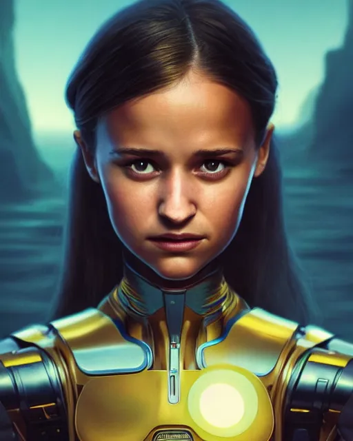 Image similar to weta disney pixar movie still portrait photo of young alicia vikander as thoughtful cyborg woman by pixar, by weta, wlop, ilya kuvshinov, rossdraws, artgerm, maxim cover, latex, sweaty, iridescent, bright morning, anime, liosh, mucha