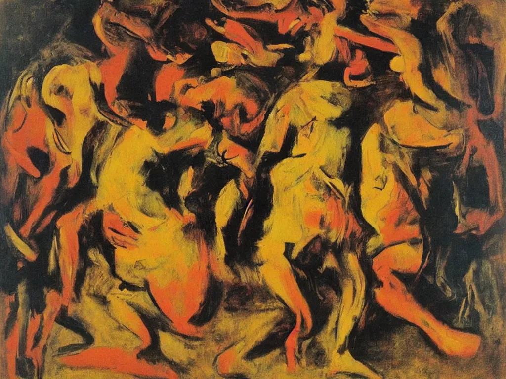 Image similar to surreal, tribal dance, art by willem de kooning, gustave courbet