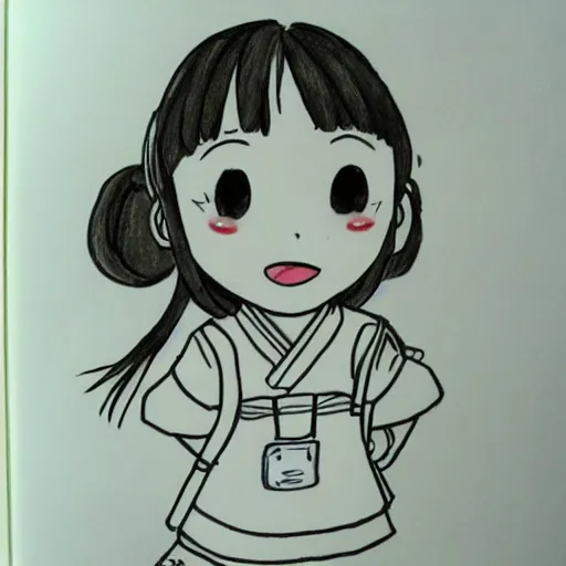 Image similar to a perfect professional sketch of a funny and cute Japanese schoolgirl, by ink pen with a few colored pens, in style of Disney Pixar, CalArts, on high quality paper