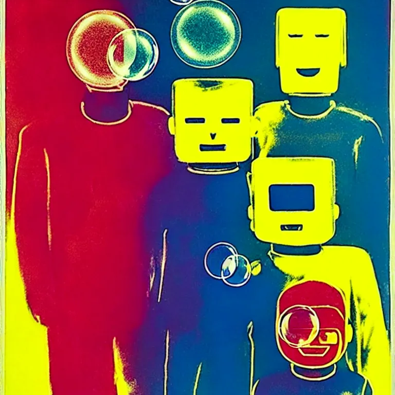 Image similar to ( ( ( ( ( a portrait of a robot family with soap bubbles, pop art ) ) ) ) ) by andy warhol and bill sienkiewicz!!!!!!!!!!!!!!!!!!!!!!!!!!!!!!