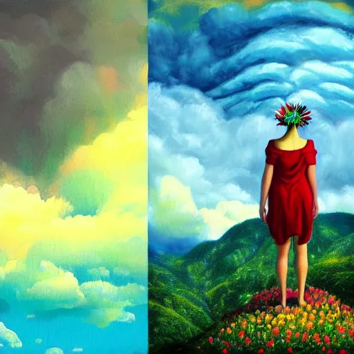 Image similar to giant flower head, frontal, woman standing on mountain, surreal photography, stormy sky, colorful clouds, impressionist painting, digital painting, artstation, rob gonsalves