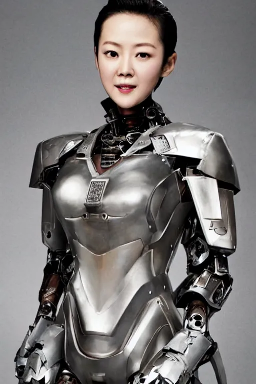 Prompt: a photo of Zhang Ziyi wearing a mecha armor suit
