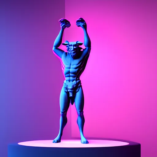 Image similar to unreal engine octane render houdini hyperreallistic render 8k marble statue of the minotaur vaporwave blue and pink neon background