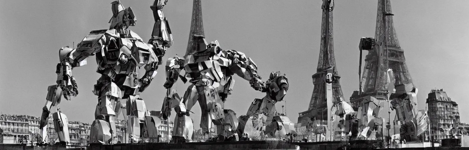 Image similar to Still from the 1969 movie MECHA-CONCORDE vs ROBO-EIFFEL the giant humanoid Eiffel Tower battles the swan-like superplane above the streets of paris-futur - starring ALAIN DELON - art direction by moebius hq production still technicolor