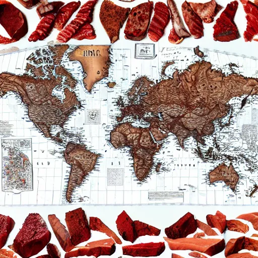 Prompt: a map of the world made out of meat