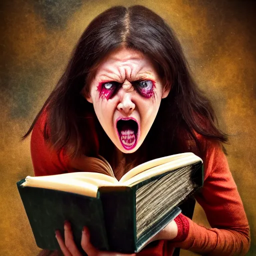 Prompt: enraged witch tearing her own book while screaming in frustration, comedy, fantasy, D&D, HDR, natural light, dynamic pose, award winning photograph, 8k, Mucha style,