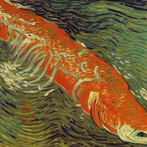 Image similar to salmon jumping out of the river on a sunny day. by van gogh.