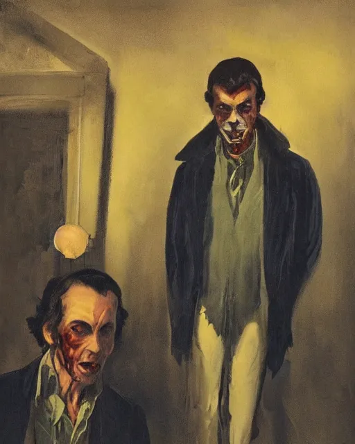 Prompt: two handsome but sinister men wearing oxford shirts in layers of fear, with haunted eyes, 1 9 7 0 s, seventies, wallpaper, a little blood, morning light showing injuries, delicate embellishments, painterly, offset printing technique, by brom, robert henri, walter popp